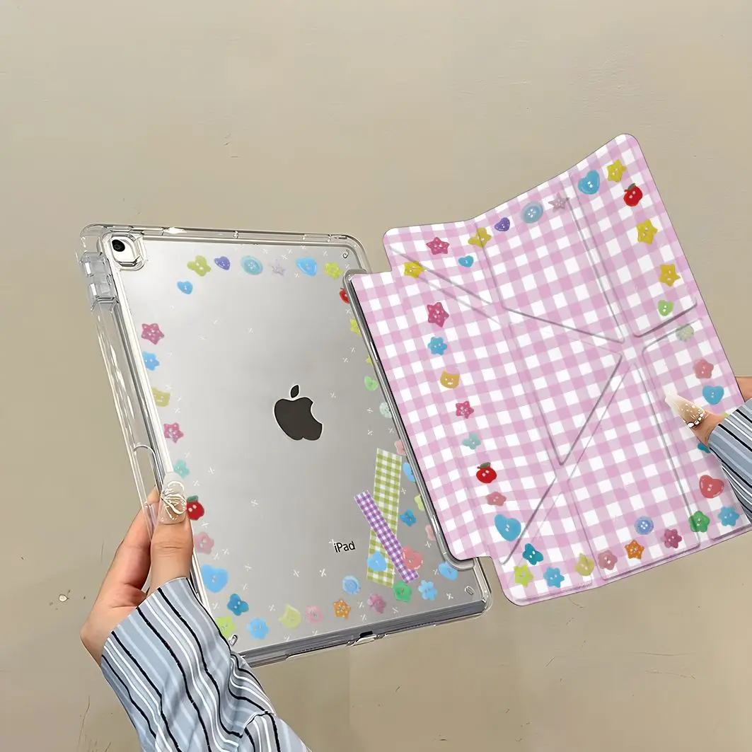 Ins Korean Button Grid Case For iPad Pro 11 13in 2025 iPad Pro 12.9in Air7 10th 11th M4 M5 Y-Shaped Folding Protective Cover Y2K