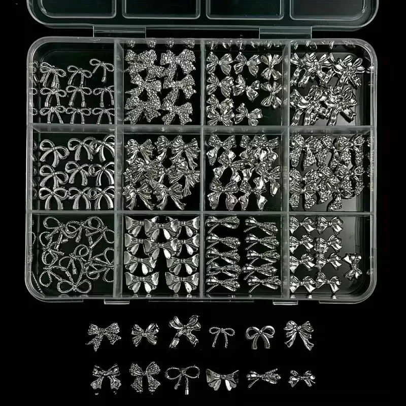 1 صندوق 120 قطعة سبائك Bowknot الشريط مسمار الديكور ضوء الفاخرة الفضة القوس مسمار السحر ربطة صغيرة مستلزمات الأظافر لتقوم بها بنفسك صندوق المواد * #5