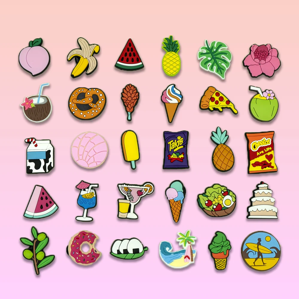 

1/30/90PCS Cute Fruit Foods Shoe Decoration for Sandals Pizza Donuts Milk Shoe Charms Accessories Coconut Drink Fits All Clogs