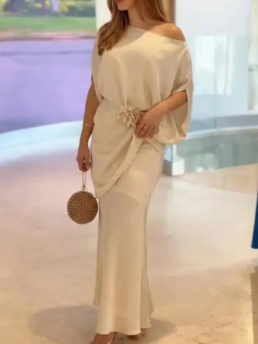 Women's Bat Sleeve Asymmetric Hem Top and High Waist Side Zipper Mermaid Hem Long Dress Set Elegant Satin Evening Dress