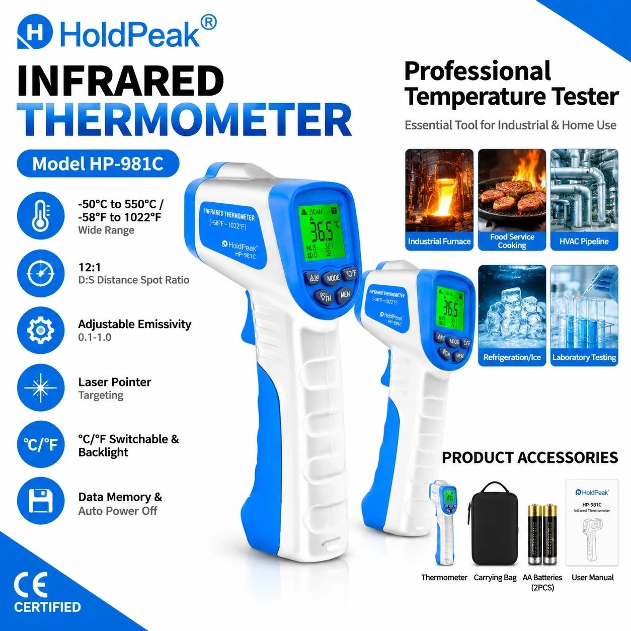 HoldPeak 981C Infrared Thermometer -50℃~550℃ Non-Contact Laser Temperature Gun 12:1 Emissivity Adjustable MAX MIN AVG
