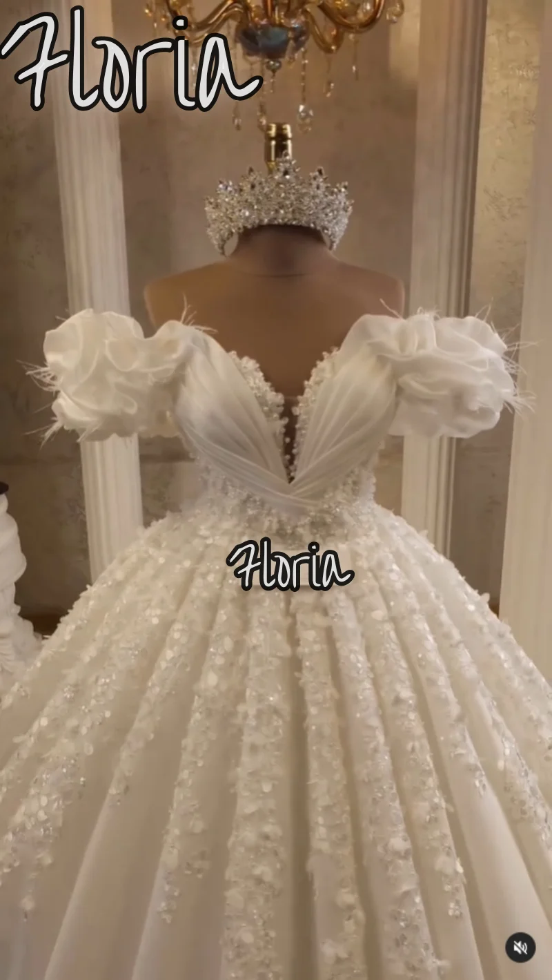 

2024 New Elegant Short Flower Sleeve With Feathers Wedding Dress Bridal Gown V-Neck Bride Dresses A-line Vestidos De Novia