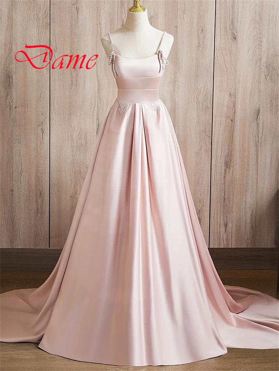 Customized  Graceful Light Pink Satin Evening Dress Exquisite Square Collar Spaghetti Straps Sleeveless Lace Up Back Prom Dress