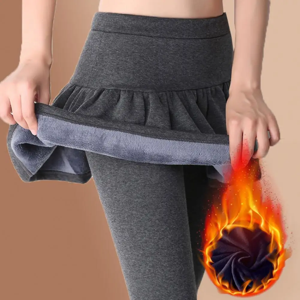 Women Winter Pants Fake Two-piece Thickened Plush Elastic High Waist Slim Fit Pleated Skirt Pants Thermal Thigh Leggings Tights