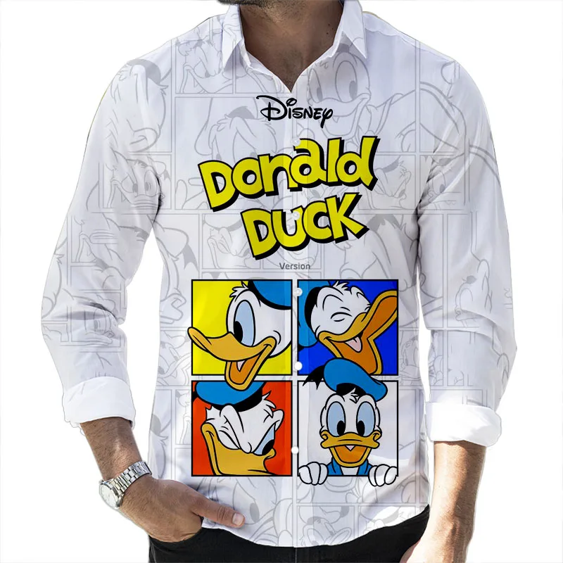 Street Style Donald Duck Cartoon 2024 Spring Harajuku New Fashion Casual 3D Printed Long Sleeve Lapel Shirt Slim Men\'s Top