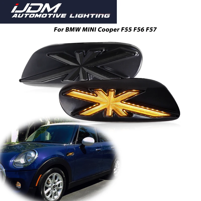 

For MINI Cooper F55 F56 F57 Hardtop/5-Door/Convertible Union Jack UK Flag Pattern Sequential Amber LED Front Side Marker Llights