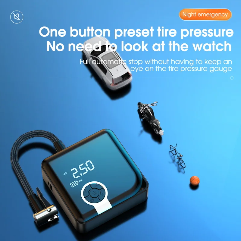 

Автомобильный мини-надувной насос, беспроводной портативный электрический воздушный насос с манометром, автомобильный воздушный насос двойного назначения, мотоцикл