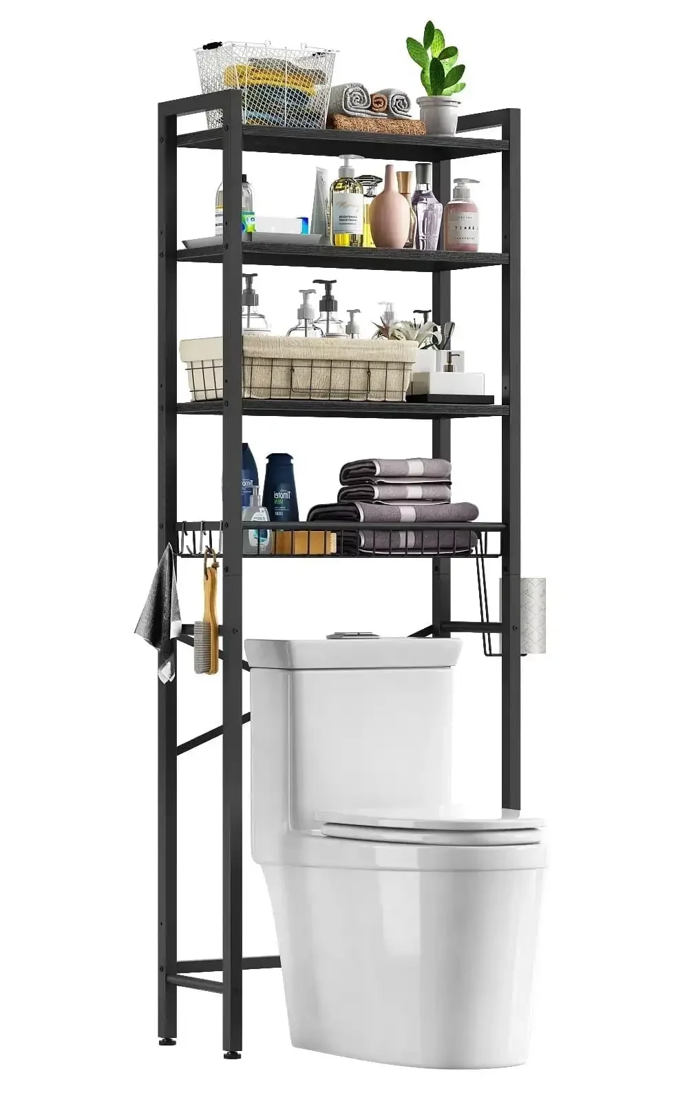 Over The Toilet Storage Shelf, 4-Tier Wooden Bathroom Organizer Adjustable Saver Space Rack with Toilet Paper Holder, Black