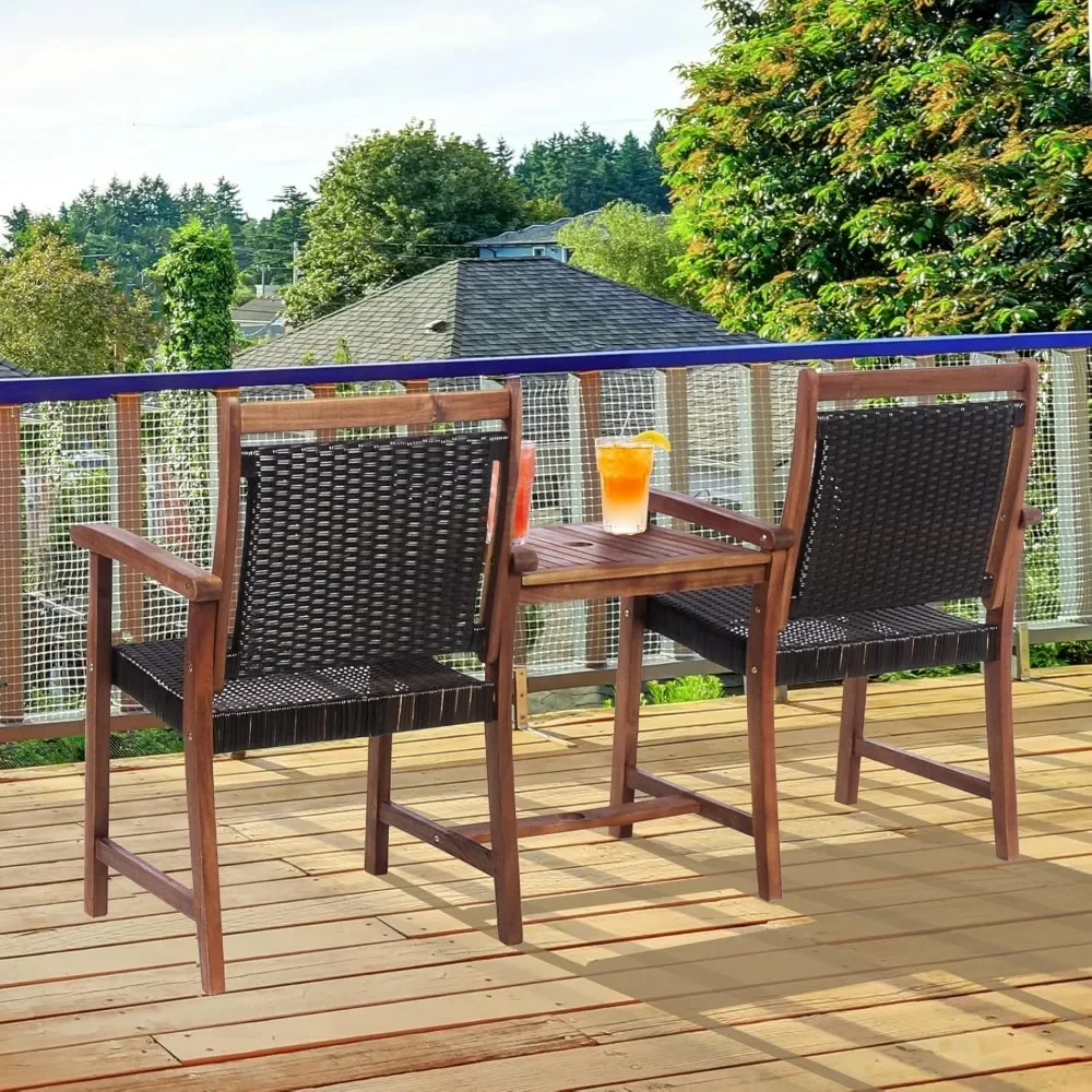 Patiojoy-Banc de jardin en bois d'acacia, chaise de causeuse en rotin, avec table basse et trou pour parasol