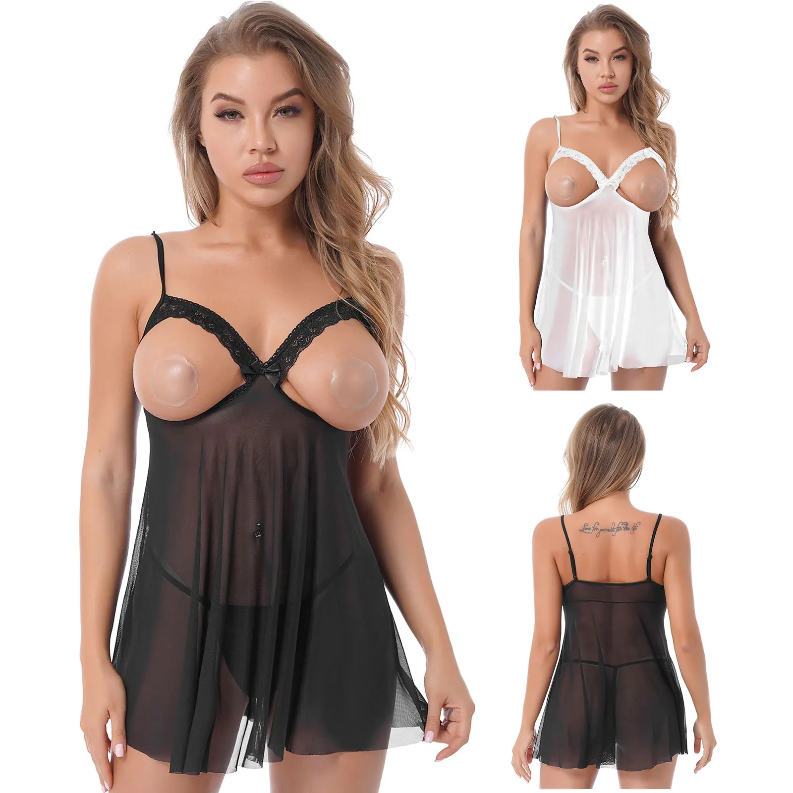 Women\'s Sheer Lace Lingerie Set Open Bras Nipple Split Mini Dress with G-string Chemise Exotic Nightdress Sleepwear Nightwear