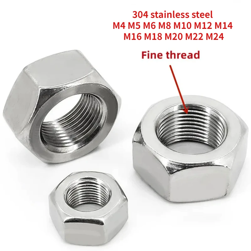 2~50pcs DIN934 Fine Thread Hex Hexagon Nut 304 A2 Stainless Steel M4 M5 M6 M8 M10 M12 M14 M16 M18 M20 M22 M24