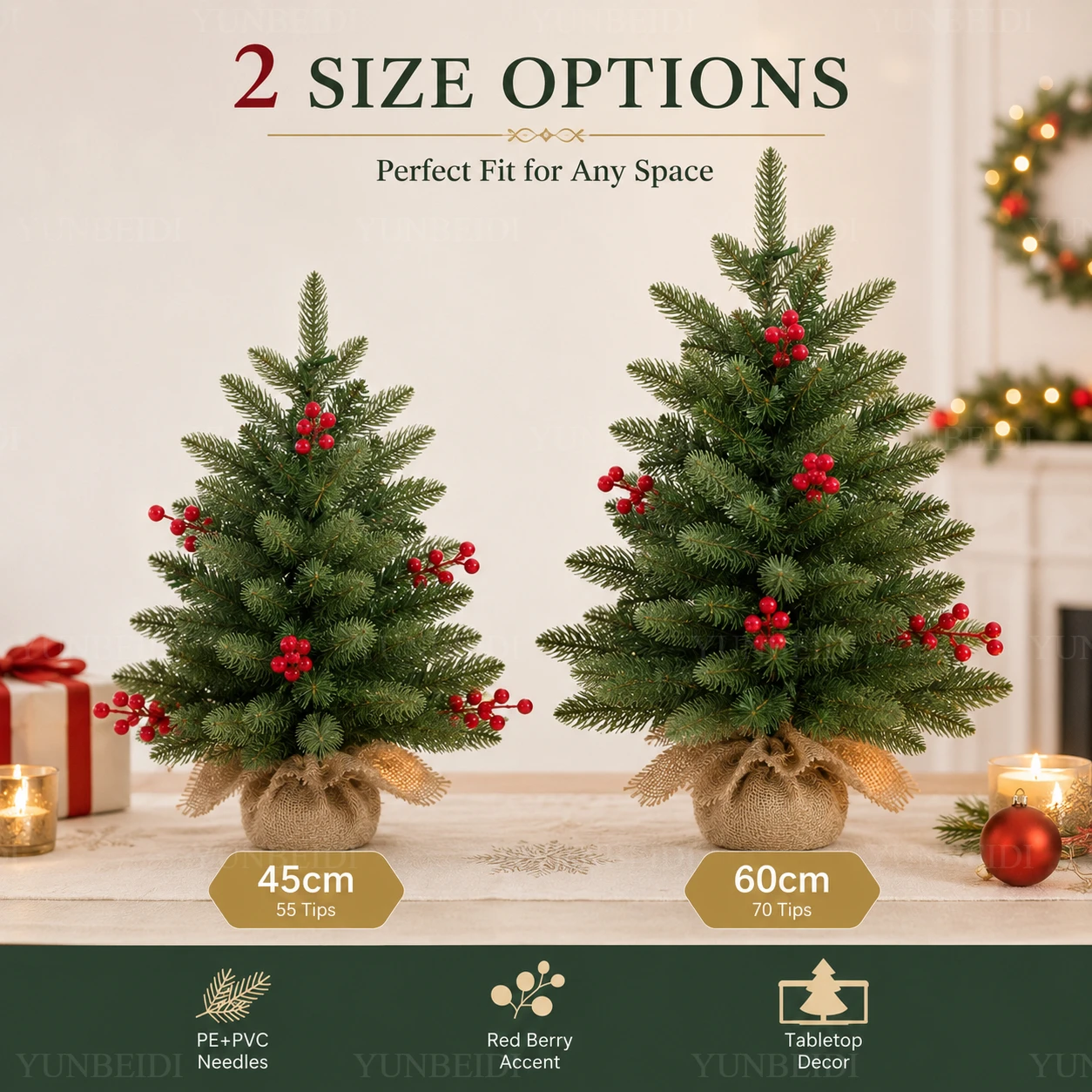 Künstlicher Weihnachtsbaum 45/60cm Reines PE + PVC + Rote Beeren Weihnachtsdekoration für Zuhause Hochwertiger Kleiner Tisch-Weihnachtsbaum