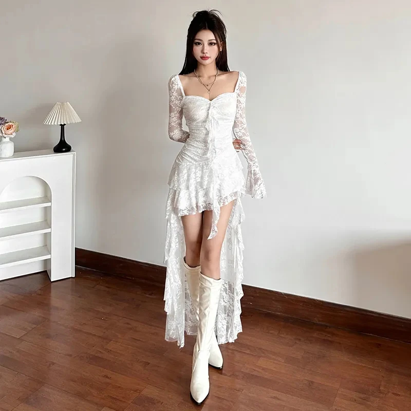 Robe blanche transparente en dentelle, Sexy, couches irrégulières, maille, gaze, longue queue de traînée, élégante, Slim, robes de soirée