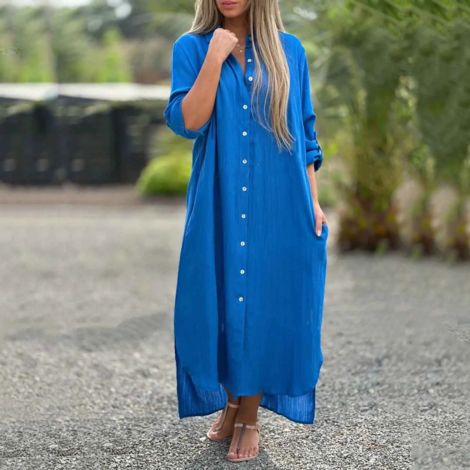 2024 Sommer Frauen drehen Kragen Langarm Maxi kleider lässig Polyester Knopf Hemd Kleid Urlaub lange Kleider Robe