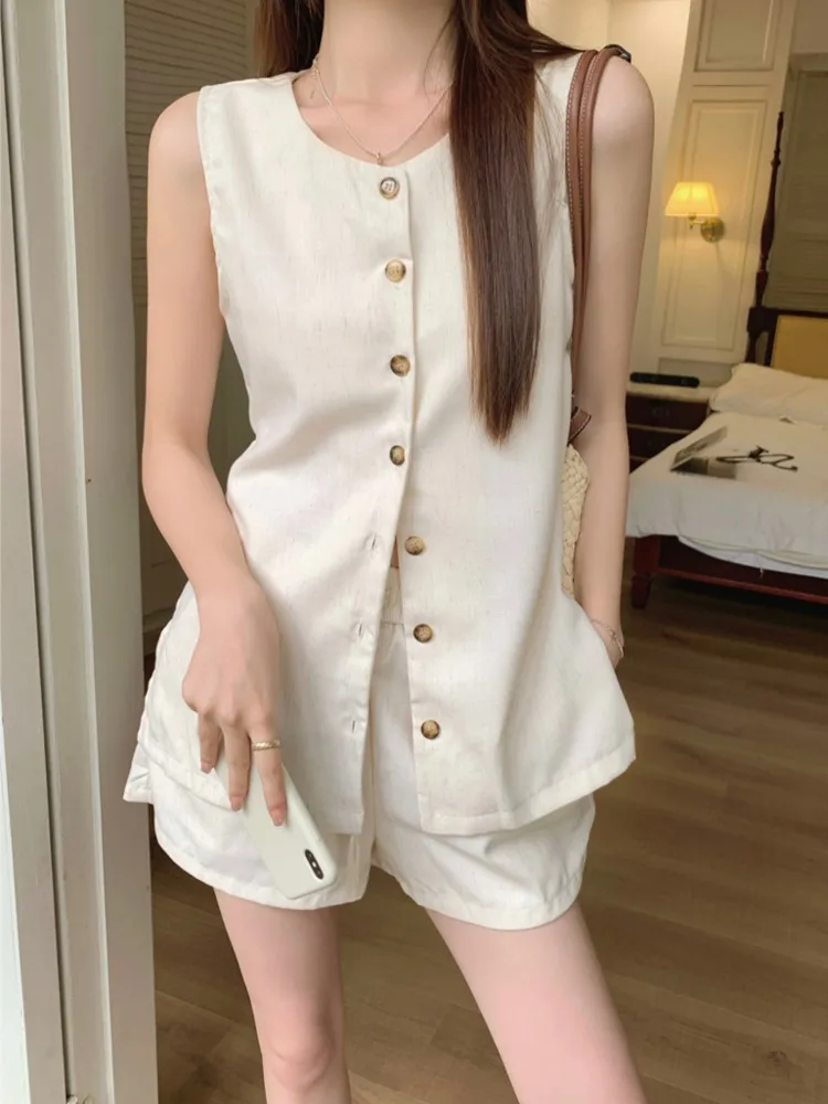 

Korean Causal Office Lady Pants Set Solid Sleeveless Single Breasted O-Neck Top+Lace-up Short 2 Pieces Sets Woman Outfidos New