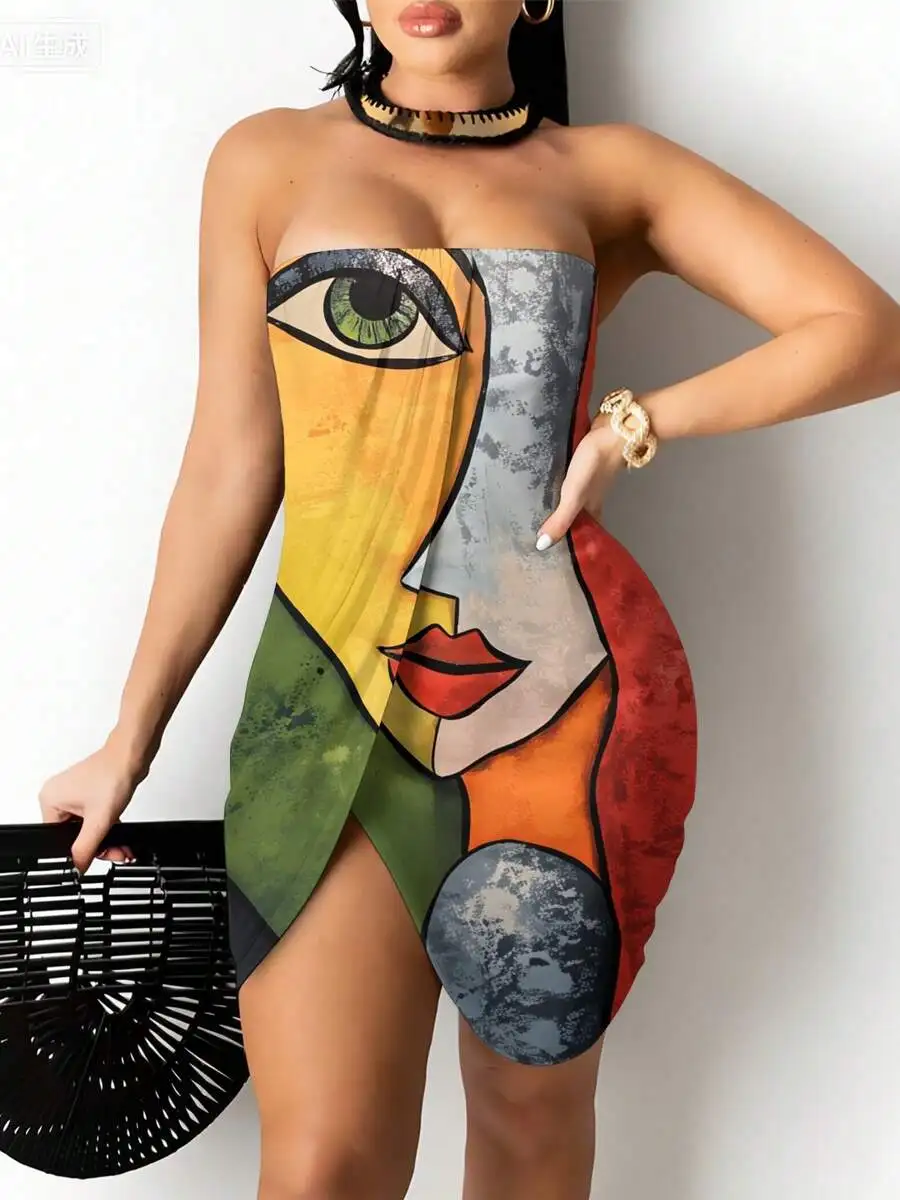 

Abstract Cubist Face Print Strapless Bodycon Dress With Slit Summer Party Wear