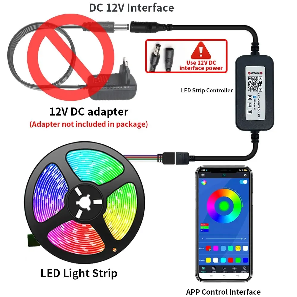 12V LED Strip Lights RGB 5050 5m 54 LEDs Bluetooth app điều khiển Luces Led linh hoạt Diode trang trí cho phòng khách đèn Ribbon