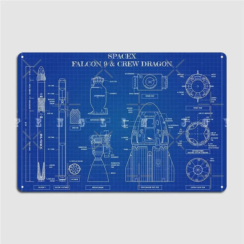 Spacex: Falcon 9 And Crew Dragon Blueprint-English Metal Sign Pub Garage Club Classic Painting Décor Tin Sign Poster