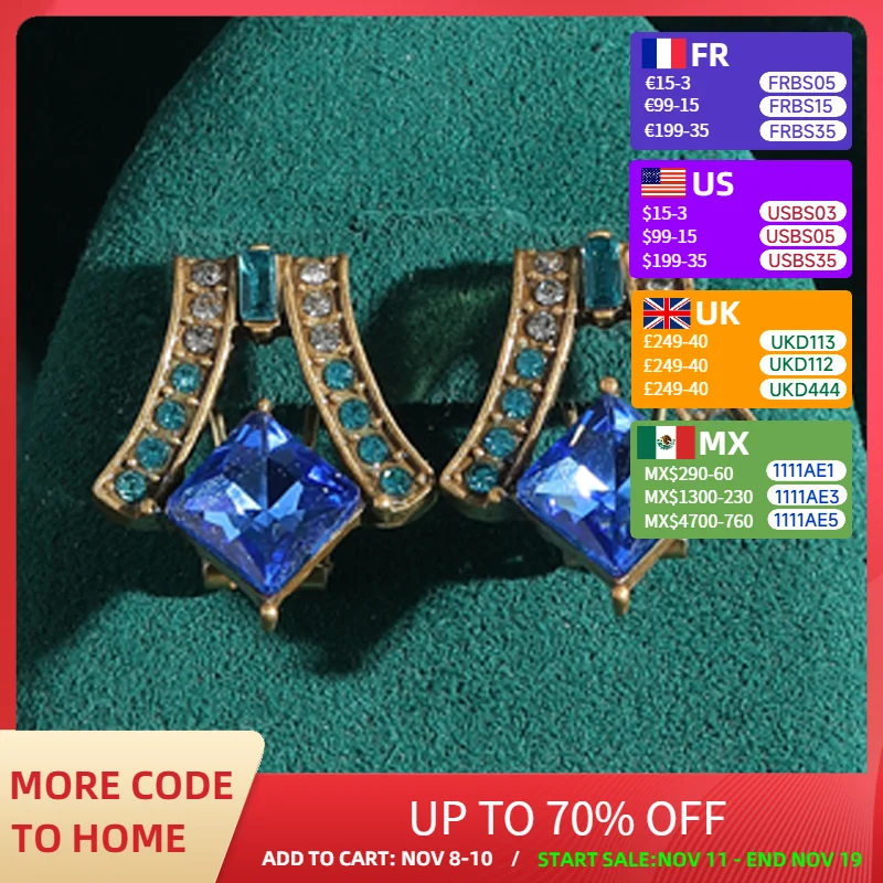 

Vintage Blue Earrings High Quality For Woman Square Crystal Quartz Luxury Designer Jewelry Large Gold Color Accessories 2025 New