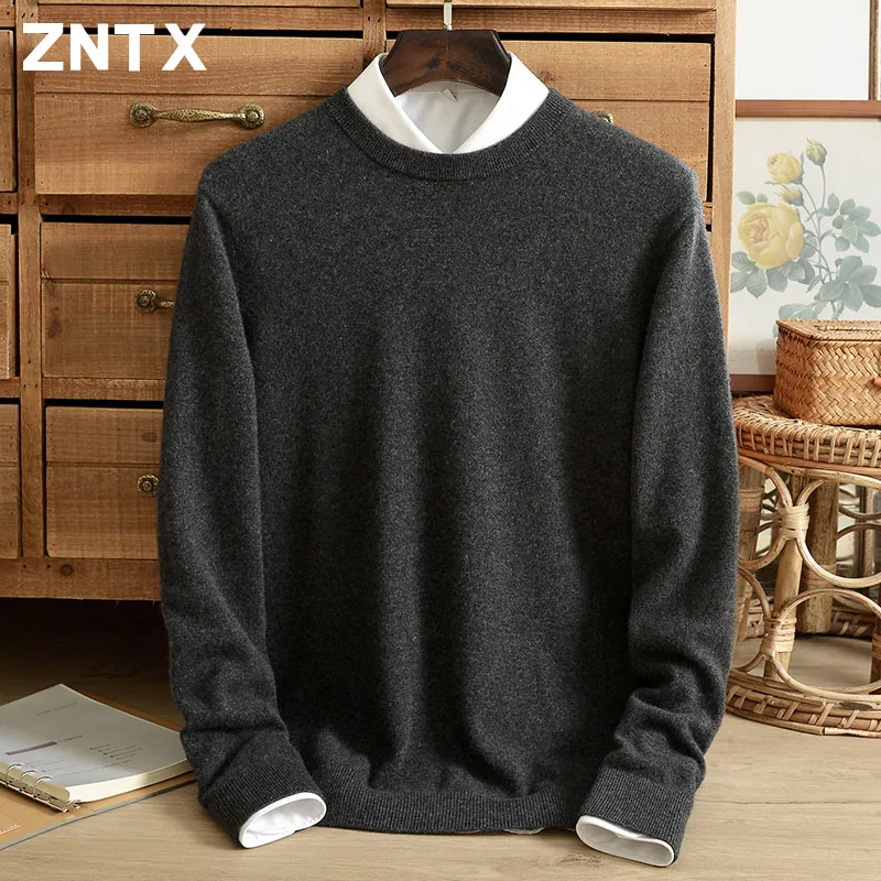 

ZNTX autumn and winter men's round neck pure cashmere sweater solid color pullover for young men, casual and fashionable