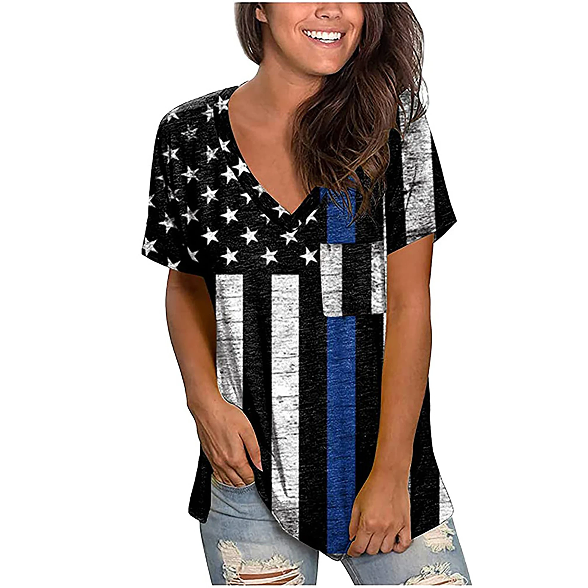 2024 Europe and the United States spring summer Independence Day new women\'s top flag print V-neck short-sleeved loose T-shirt w