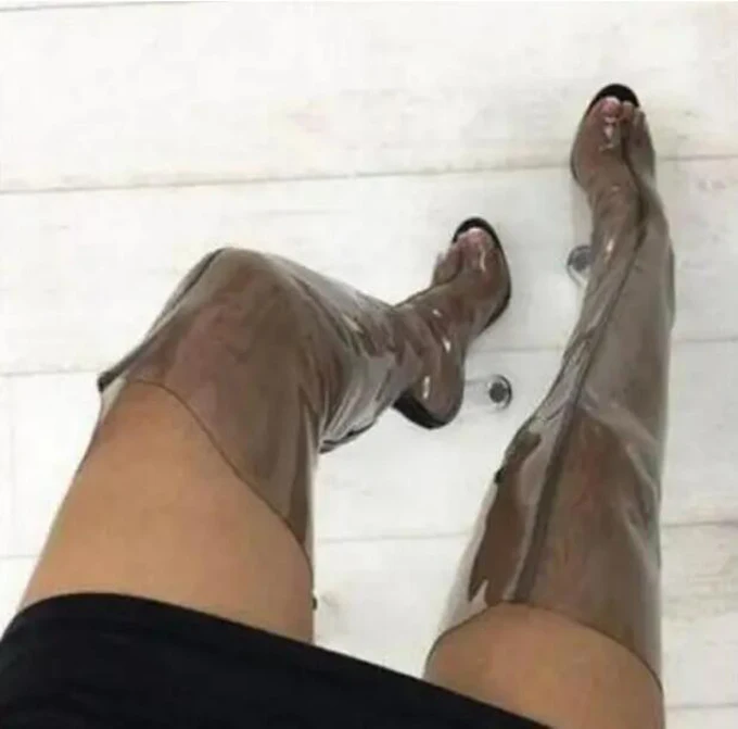 

Женские сапоги выше колена из прозрачного ПВХ, пикантные женские сапоги с острым носком и прозрачным массивным каблуком, сапоги-гладиаторы до бедра