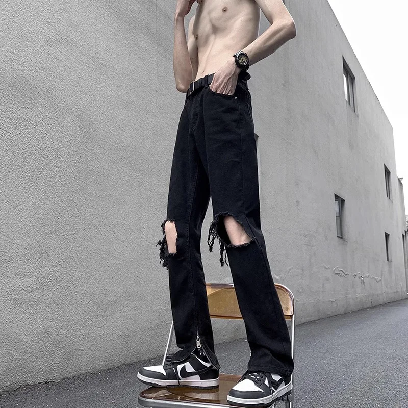 

Мужские джинсы American Style с прорезями на коленях, черные, с молнией, прямые, повседневные, летние, молодежные, свободного кроя, длинные брюки