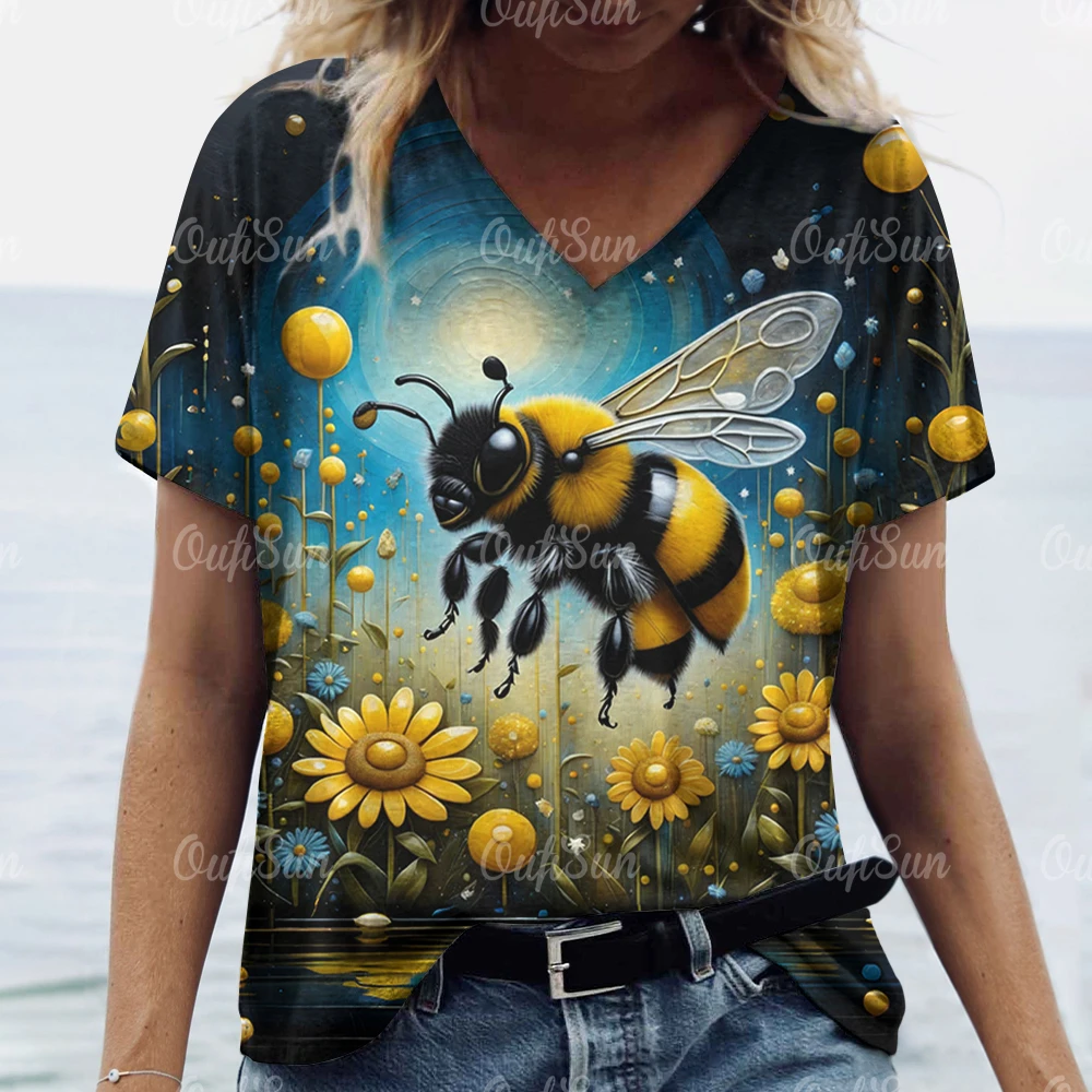 Summer Women\'s T-Shirt Vintage Bee Print Tops Natural Scenery V Neck Pullover Short Sleeve Loose Daily Casual Design Clothing