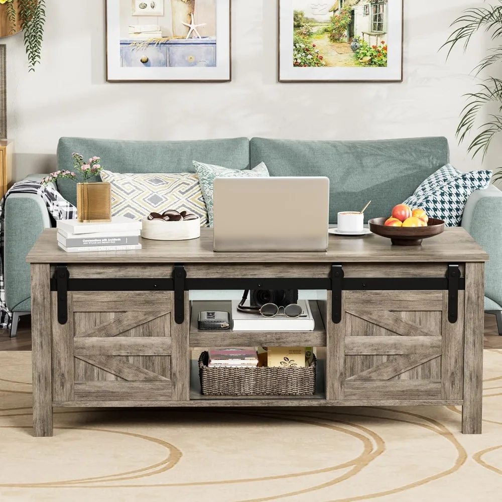 Farmhouse Coffee Table with Storage & Sliding Barn Doors, Modern Rustic Living Room Table with Adjustable Shelves