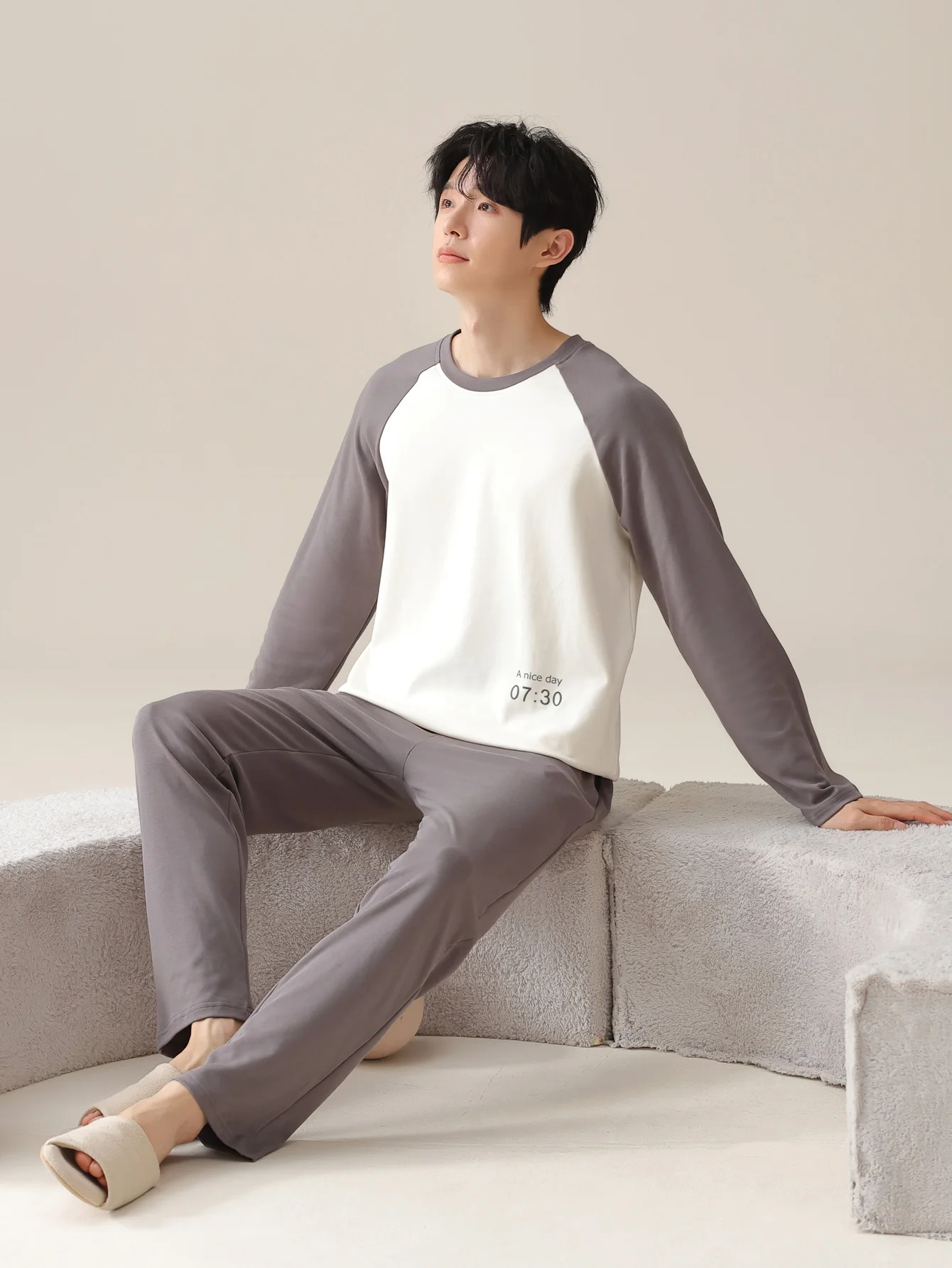 ملابس نوم رجالية 100% قطن بأكمام طويلة للفصول الأربعة مقاس كبير، طقم بدلة منزلية من القطن الخالص للمراهقين للدفء #4