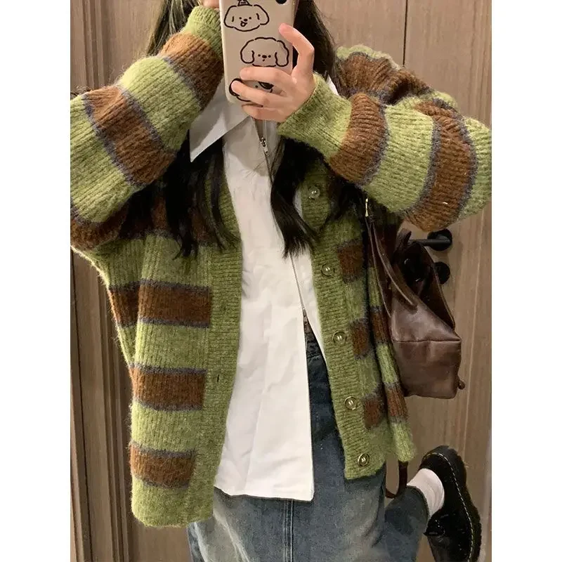 

Korean Street Lazy Retro Knitted Cardigan Sweater Women Autumn Winter Niche Y2K Design Loose Breasted and Gentle Style Jacket