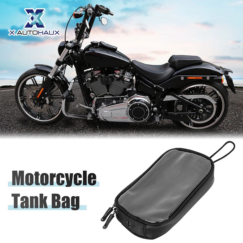 X Autohaux Universal 7'' Magnetic Tank Bag with Headphone Hole Phone Holder Case Faux Leather Waterproof Motorbike Saddlebag