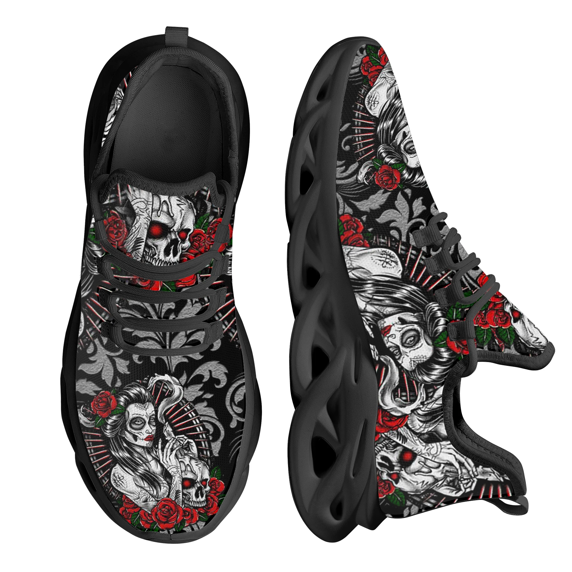 

INSTANTARTS New Black Chunky Sneakers Vintage Day of The Dead Sugar Skull Girl Casual Vulcanized Shoes Woman Platform Sneakers