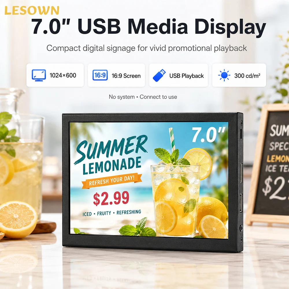 LESOWN Mini Digital Poster Monitor 7 Inch Compact USB Video Loop Player for Product Showcase Exhibition Marketing