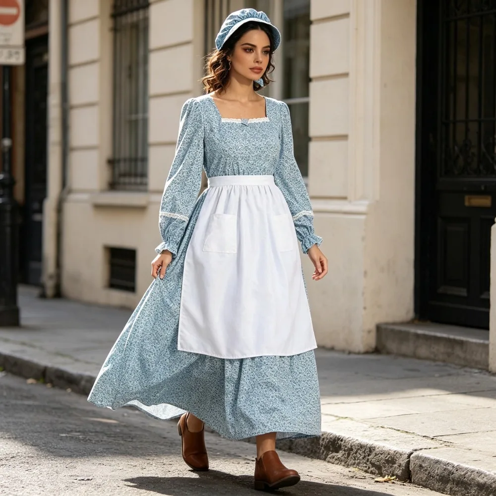 Floral Square Neck Prairie Dress, American Colonial Pioneer Civil War Vintage Costume, Halloween Historical Theme Party Dress Up