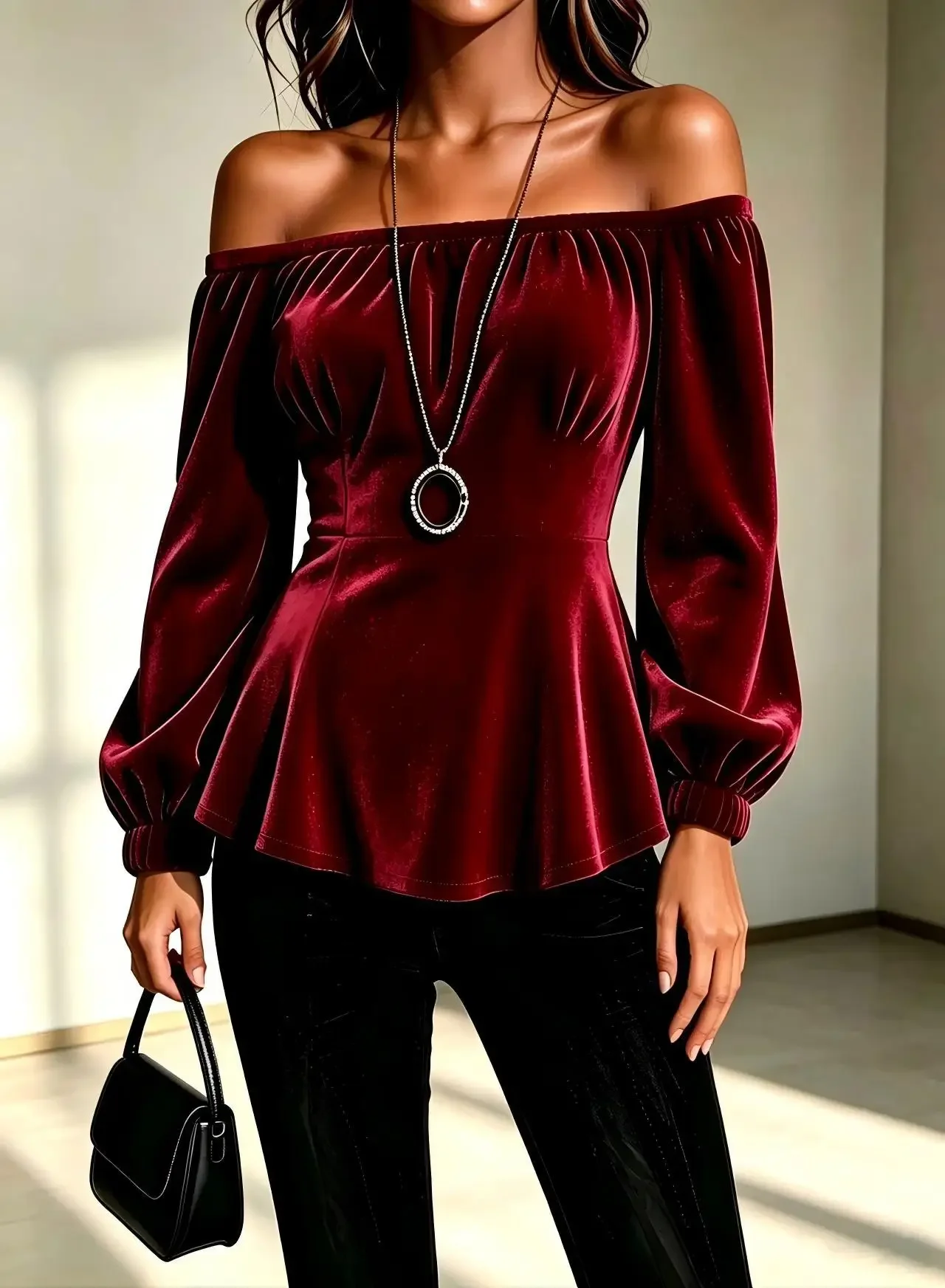 2027 Women Sexy Off Shoulder Blouse Chic and Elegant Velvet Lantern Long Sleeve Slim Fit Cropped Tops Casual Shirts Blouse