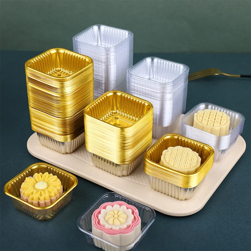 

100pcs Square Moon Cake Trays Mooncake Packaging Box Without Cover Food Container Holder Gold Plastic Cake Box for Cookie
