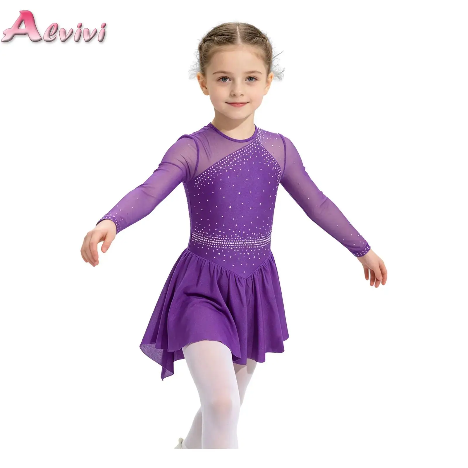 Kids Girls Modern Lyrical Dance Dress Glittery Rhinestone Sheer Mesh Ballet Gymnastics Leotard for Figure Skating Performance