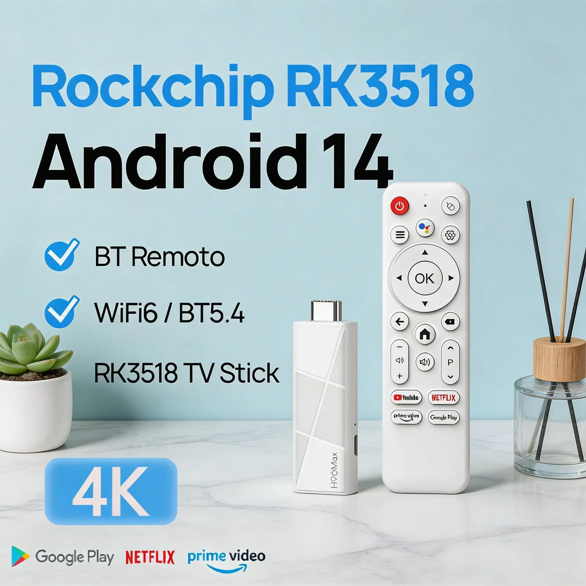 H96 MAX TV Stick Smart TV Android14.0 RK3518 Voice Assistant Remote Control 4K Video BT5.4 Wifi6 Game Media Player Smart TV Box