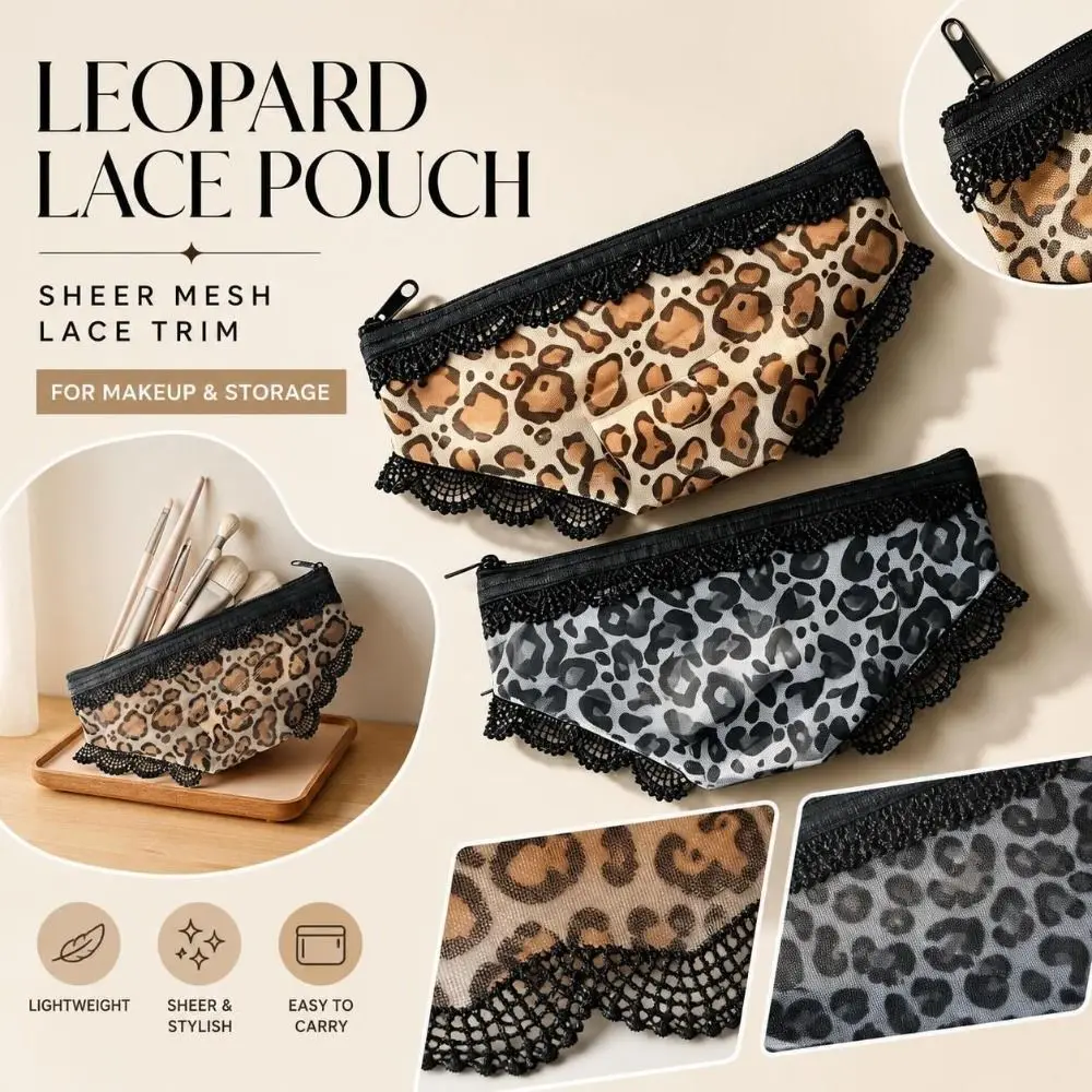 Leopard Print Panties Shaped Makeup Pouch Lace Trimmed Portable Mesh Cosmetic Bag Transparent Lightweight Storage Pouch Travel