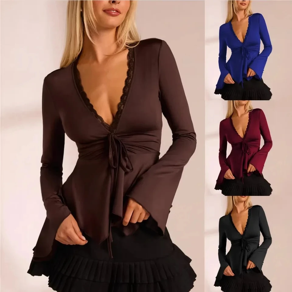 

2026 New Women Casual Solid Color Fashion Elegant Desin V Neck Waist Tied Bell Sleeve Long Sleeve Top