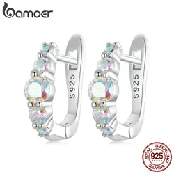 BAMOER-925 Sterling Silver U Shape Huggie Brincos para Mulheres, Dreamy Rainbow Zircon, Fine Party Jóias, Fivelas de Orelha