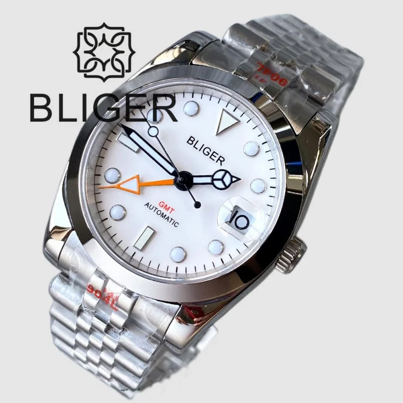 Imagem -02 - Bliger 36 mm 39 mm Automático Homens Ver Japão Nh34a Dg3804 Gmt Movimento Mostrador Branco Vidro de Safira Data Luminosa Pulseira Jubileu