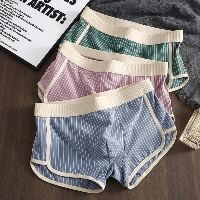 Zachte Katoenen Boxershort Mannen Sexy Uitstulpzak Ondergoed Gestreepte Slipje Ademende Onderbroek Mode Lingerie Mannelijke Boxer Short