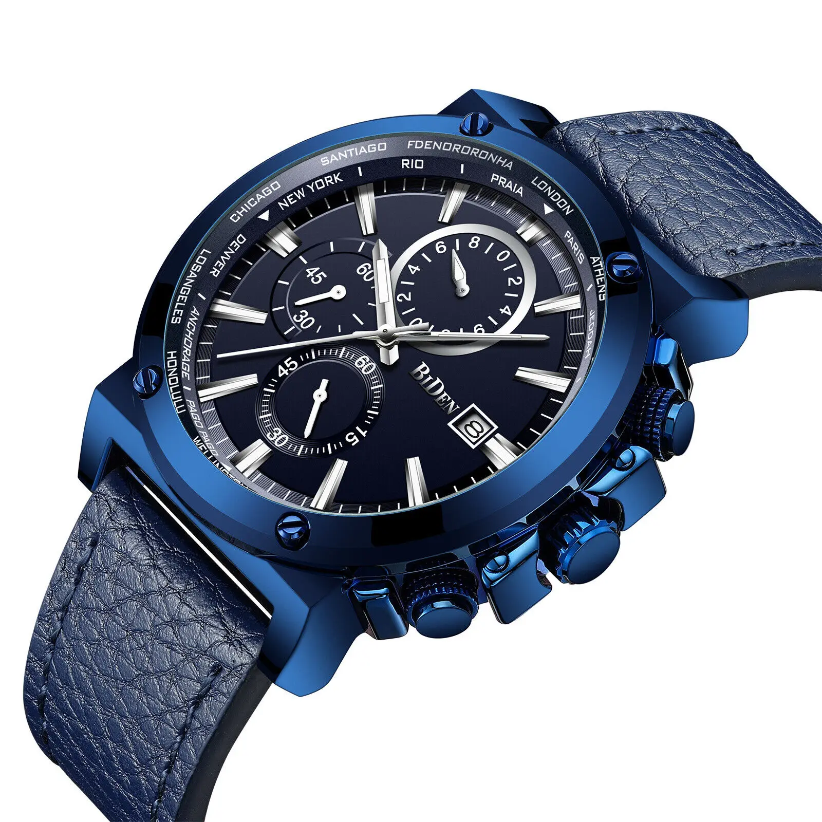 

BIDEN Luxury Brand Men's Date Quartz Movement Watch Business Waterproof Blue Leather Strap Wristwatch Nice Gift