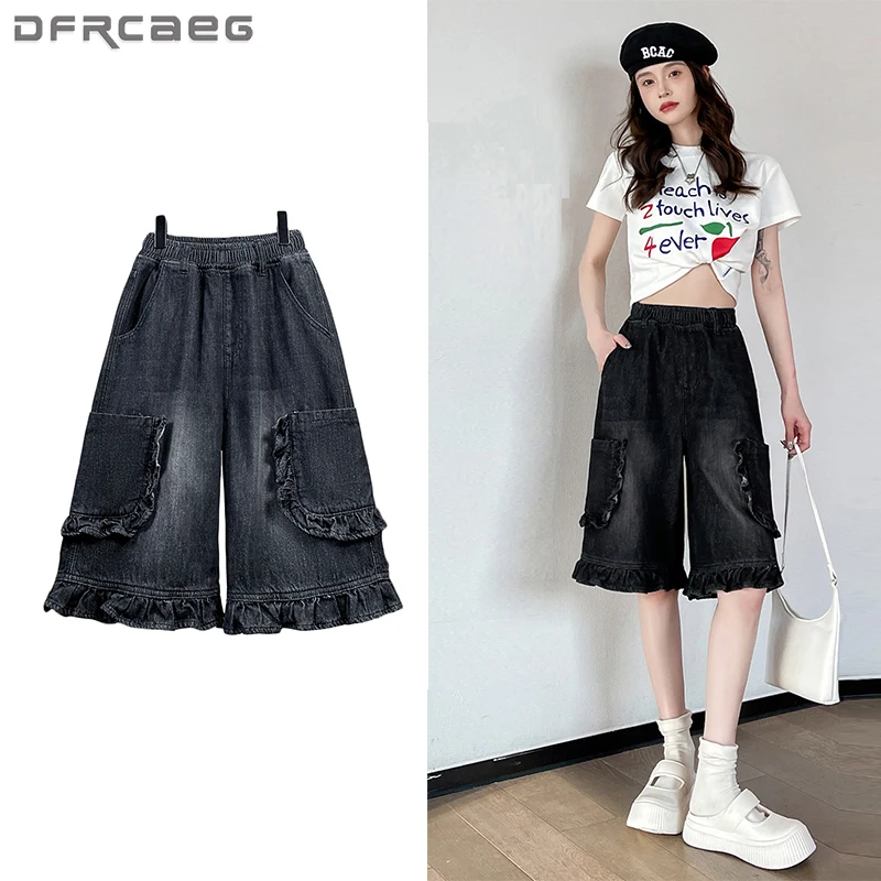 L-6XL حجم كبير الصيف الدنيم السراويل للنساء 2025 جديد الكورية موضة عالية الخصر نصف طول واسعة الساق فضفاض شورت جينز النساء #1