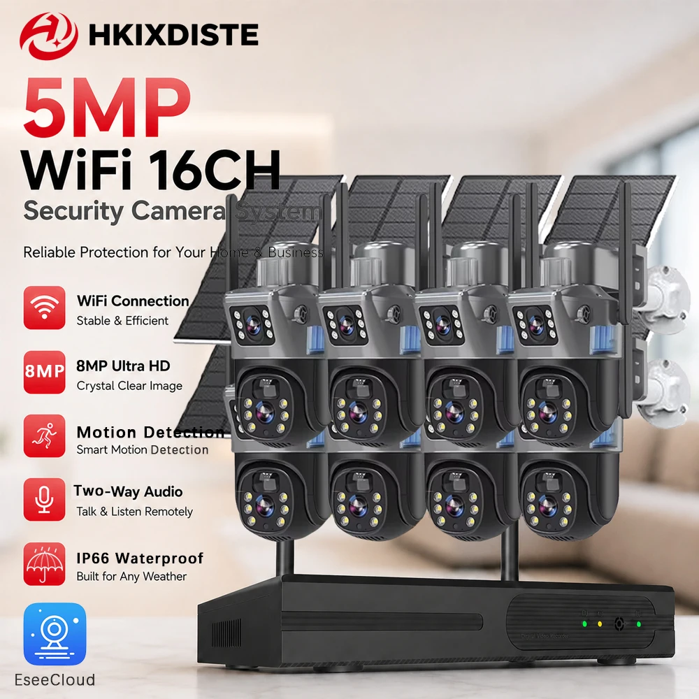 Système de sécurité NVR WiFi 5MP 16 canaux avec caméra 8MP, kit caméra PTZ solaire double objectif, audio bidirectionnel, alerte de mouvement, étanche IP66, EseeCloud