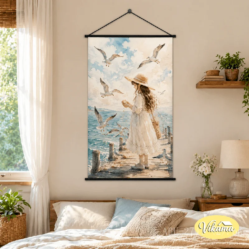 VIKAMA Watercolor Canvas Wall Art Girl Holding Rabbit Flower Field Lupine Dandelion Kids Nursery Wall Art Decor