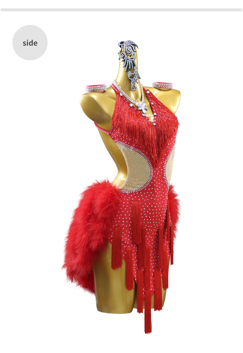 2026 Mädchen Sport-Tanzkostüm Latein-Federkleid Damenrock Party-Ballkleidung Samba Fransen-Kostüm Abschlussball-Tanzkleidung – Detail 8