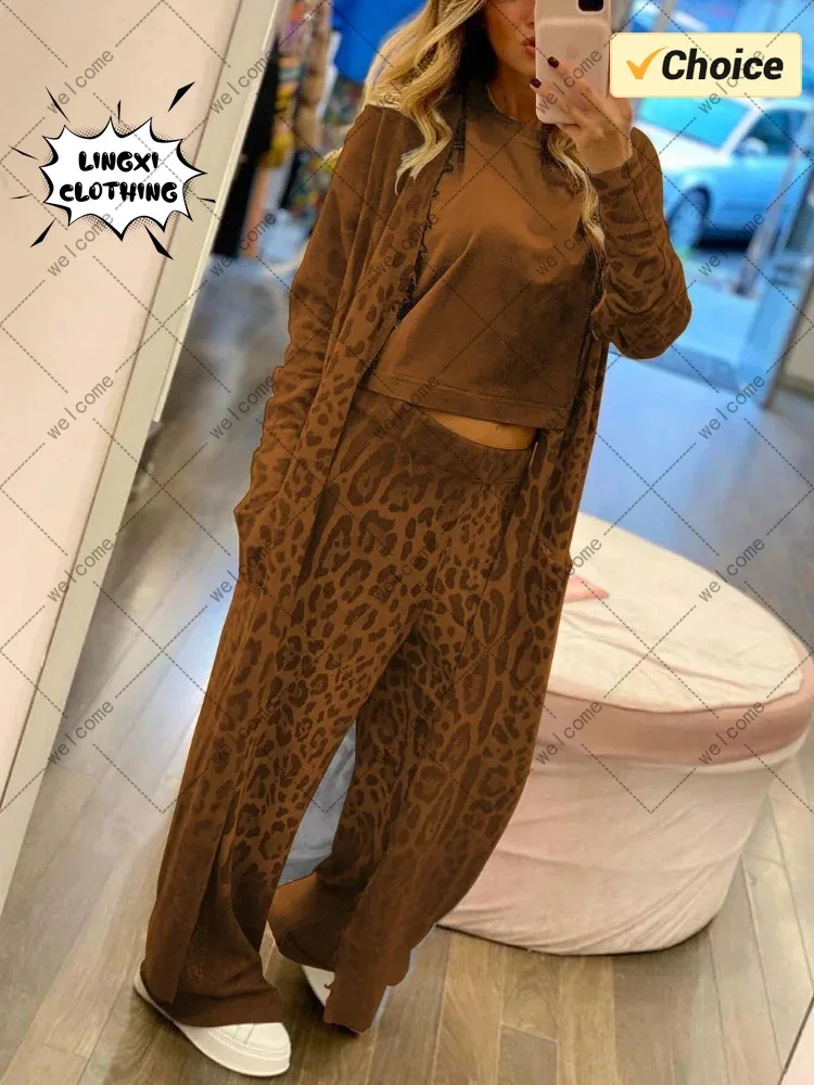 2024 Spring New Leopard Print Long sleeved Cardigan Coat Long Pants Set Two piece Women's Casual Robe Loose Set